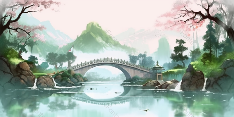 山水桃林桥梁湖泊水墨中国风背景,插画/手绘图,插画/手绘图库,插画/手绘图下载,插画/手绘